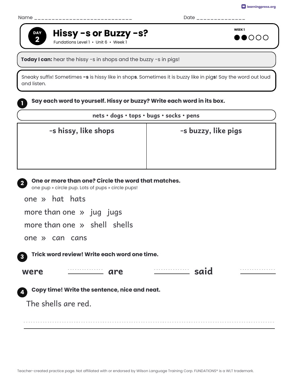 Preview page 1 of Fundations Level 1 Unit 6 Daily Lesson Work Pages