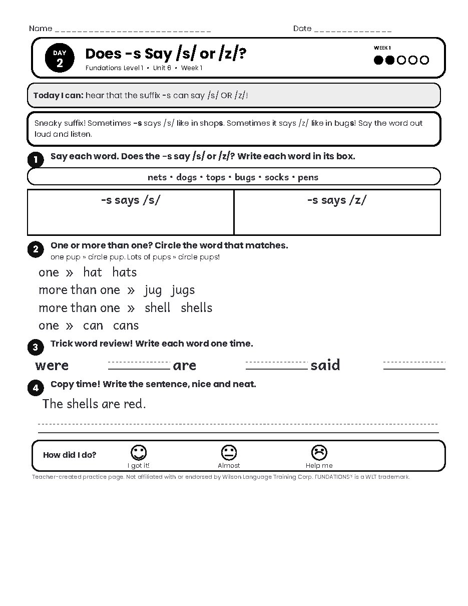 Preview page 3 of Fundations Level 1 Unit 6 Practice Pack