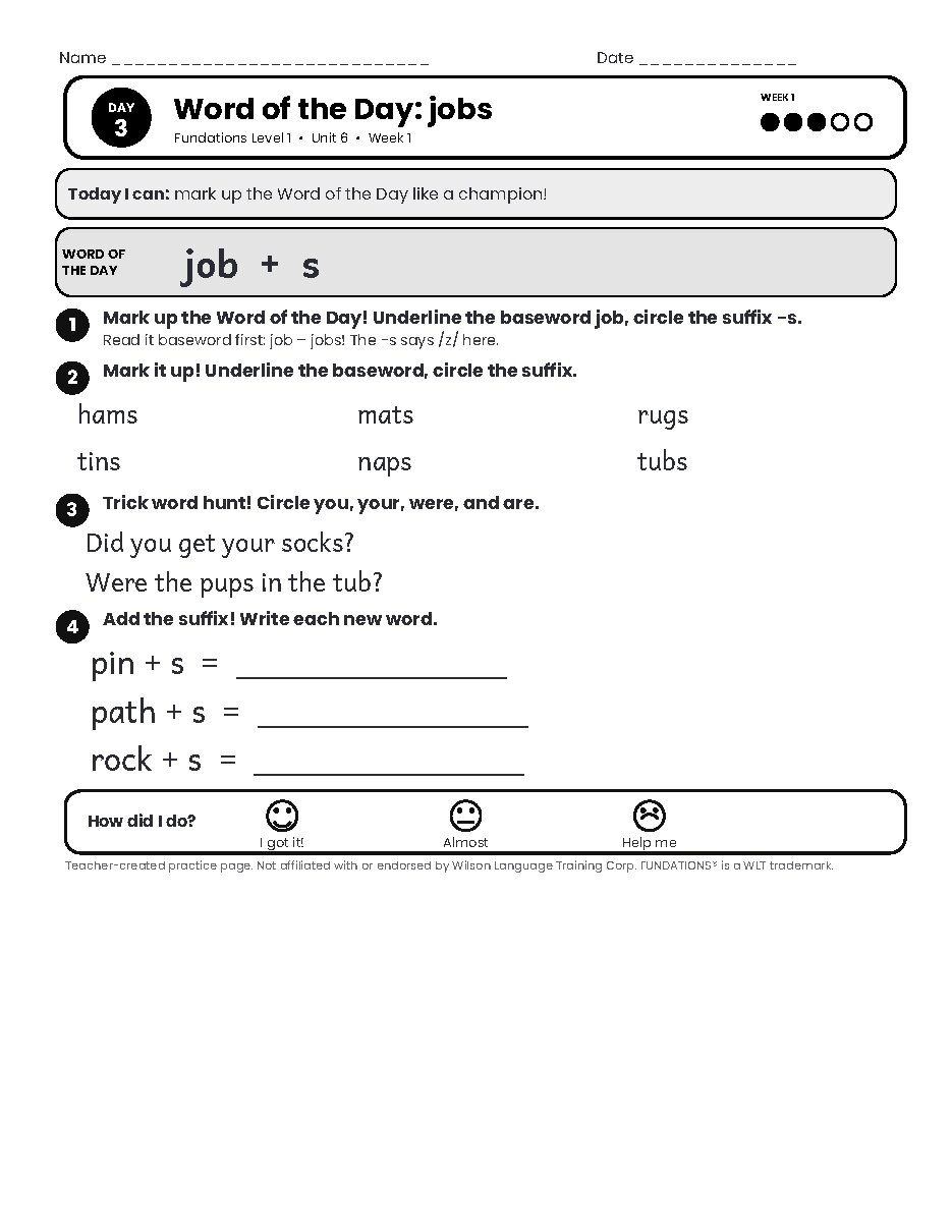 Preview page 4 of Fundations Level 1 Unit 6 Practice Pack
