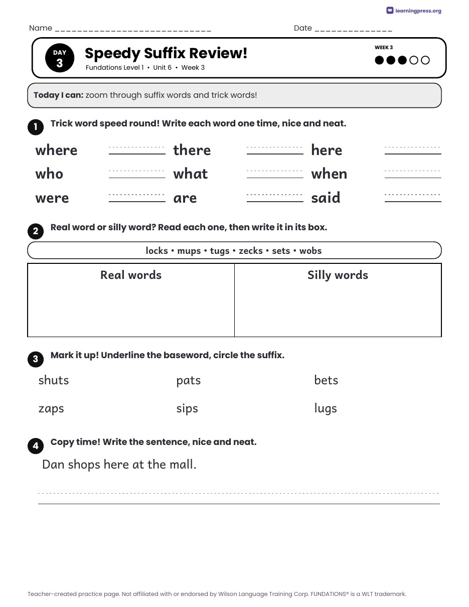Preview page 4 of Fundations Level 1 Unit 6 Daily Lesson Work Pages