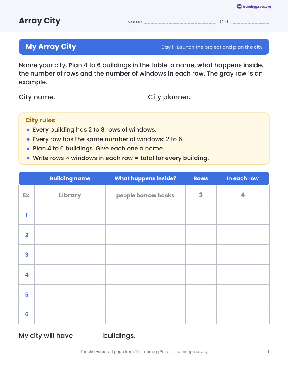 Preview page 1 of Array City Multiplication Project