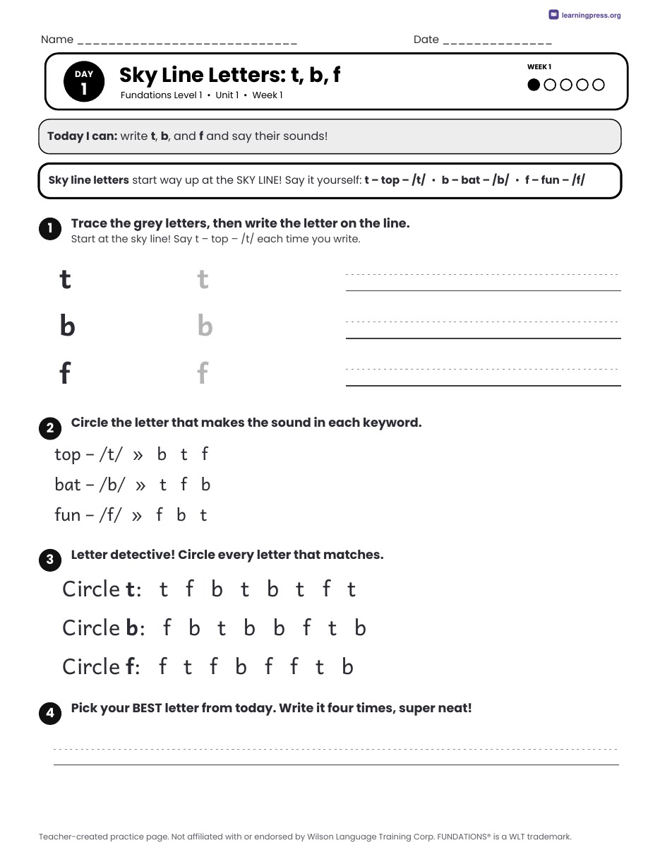 Preview page 1 of Free Fundations Level 1 Unit 1 Daily Lesson Work Pages Sample