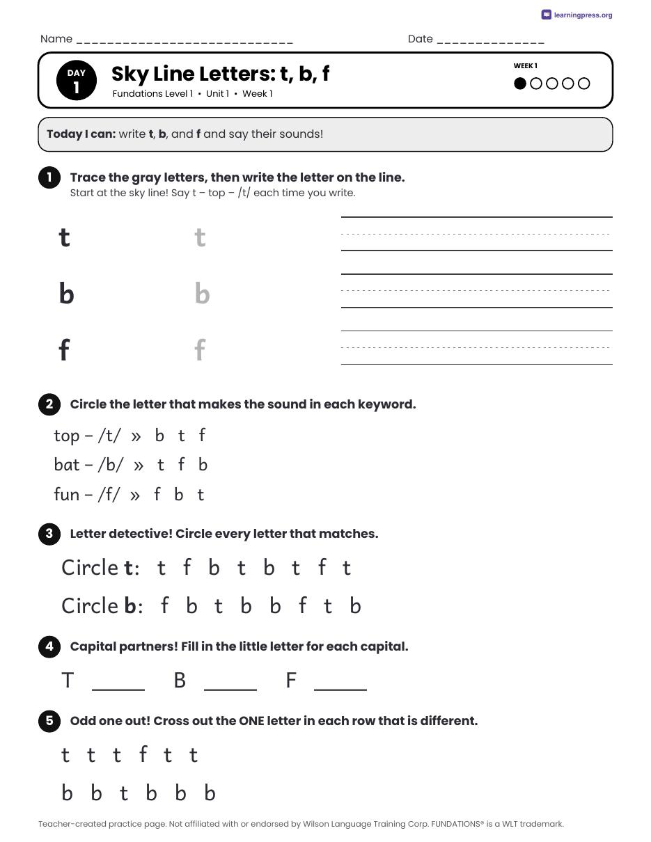 Preview page 1 of Free Fundations Level 1 Unit 1 Daily Lesson Work Pages Sample