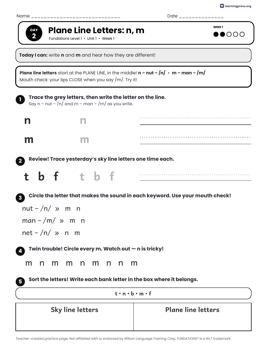 Preview page 2 of Free Fundations Level 1 Unit 1 Daily Lesson Work Pages Sample
