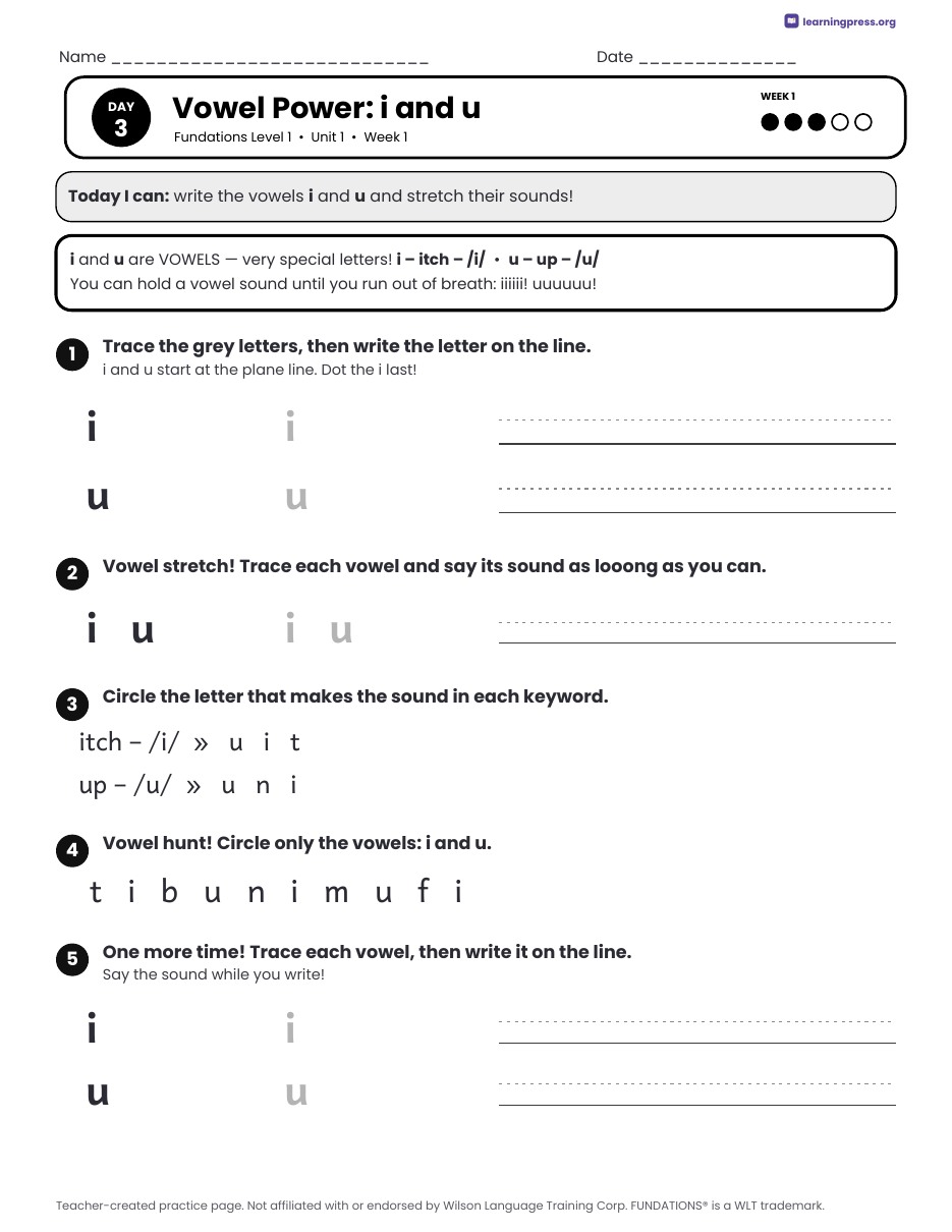 Preview page 3 of Free Fundations Level 1 Unit 1 Daily Lesson Work Pages Sample