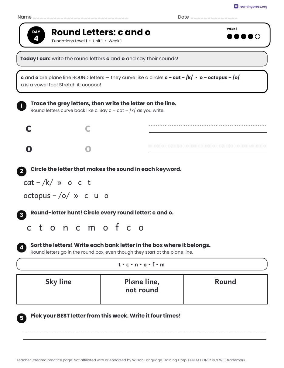 Preview page 4 of Free Fundations Level 1 Unit 1 Daily Lesson Work Pages Sample