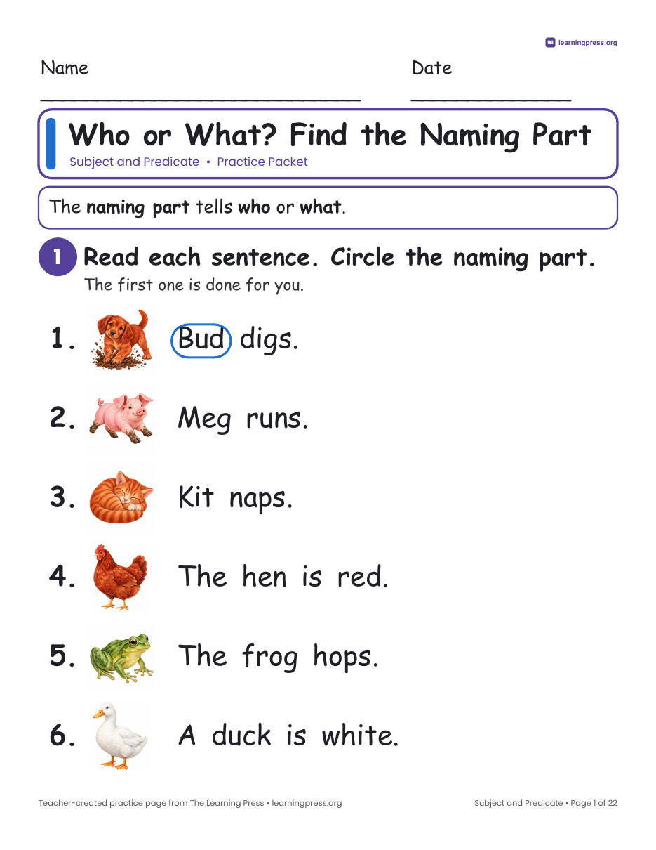 Preview page 2 of Subject and Predicate Worksheets, Posters & Slides – Grade 1