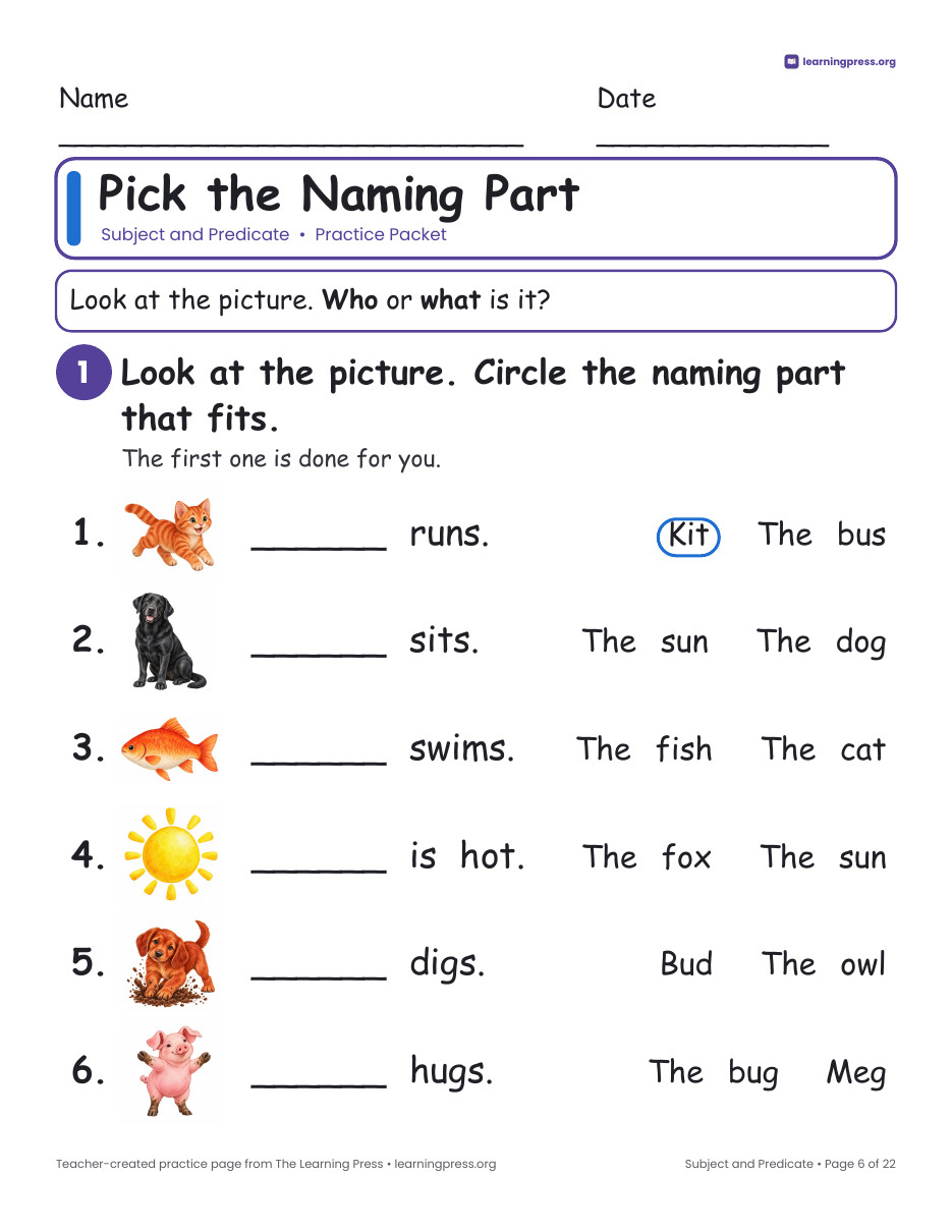 Preview page 3 of Subject and Predicate Worksheets, Posters & Slides – Grade 1