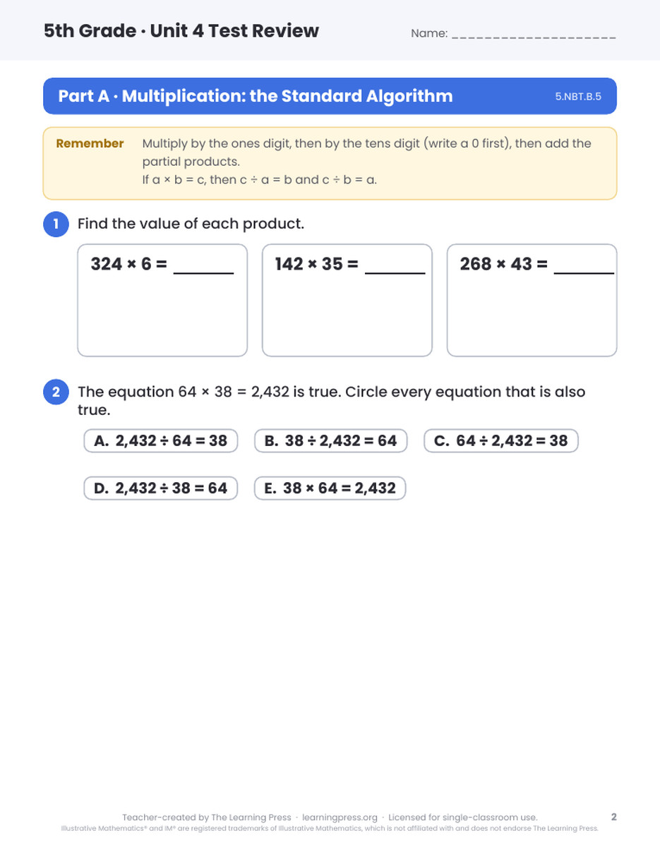 Preview page 1 of Illustrative Math (IM®) Aligned 5th Grade Unit 4 Test Review