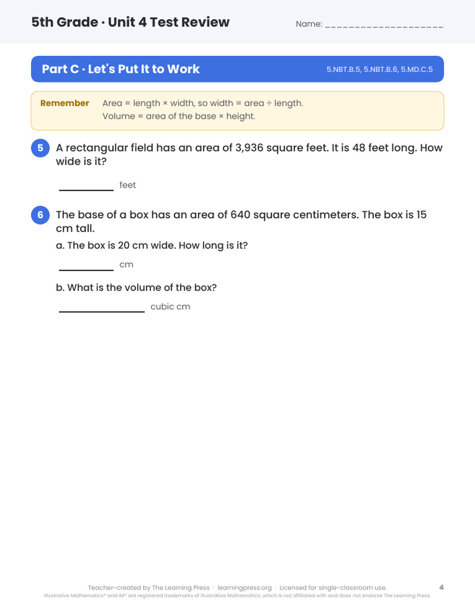 Preview page 3 of Illustrative Math (IM®) Aligned 5th Grade Unit 4 Test Review