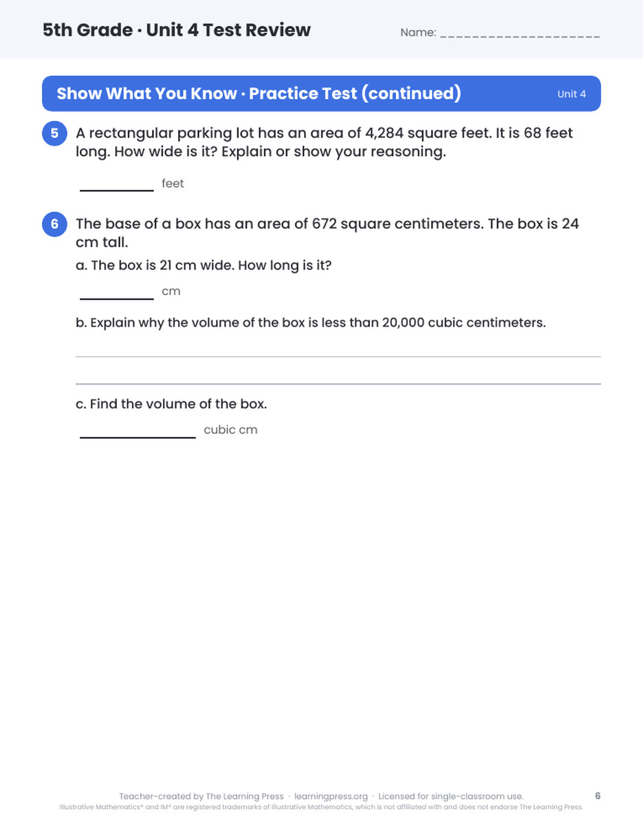 Preview page 4 of Illustrative Math (IM®) Aligned 5th Grade Unit 4 Test Review