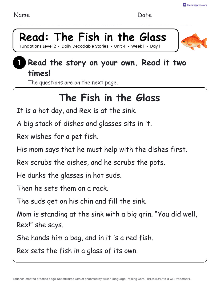 Preview page 1 of Fundations Level 2 Unit 4 Daily Decodable Stories