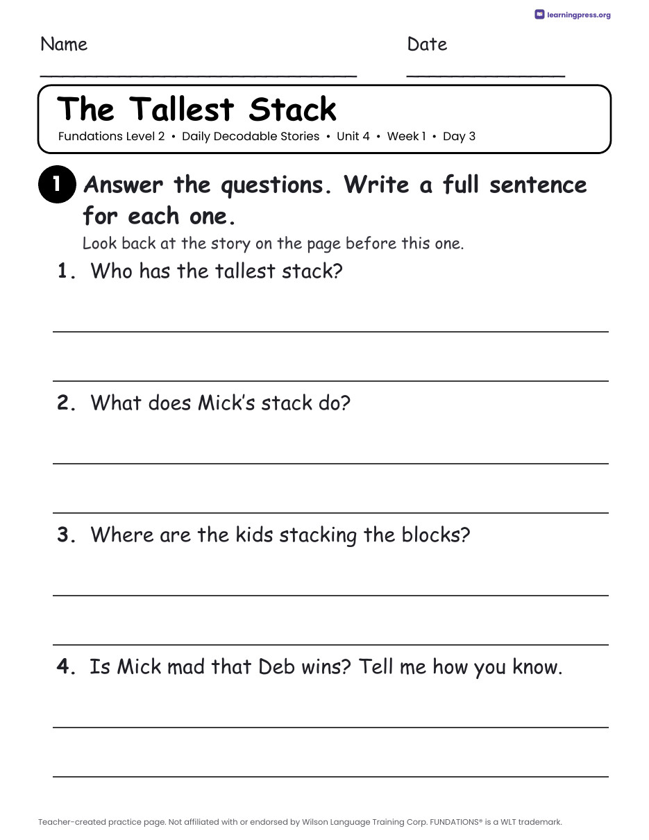 Preview page 2 of Fundations Level 2 Unit 4 Daily Decodable Stories