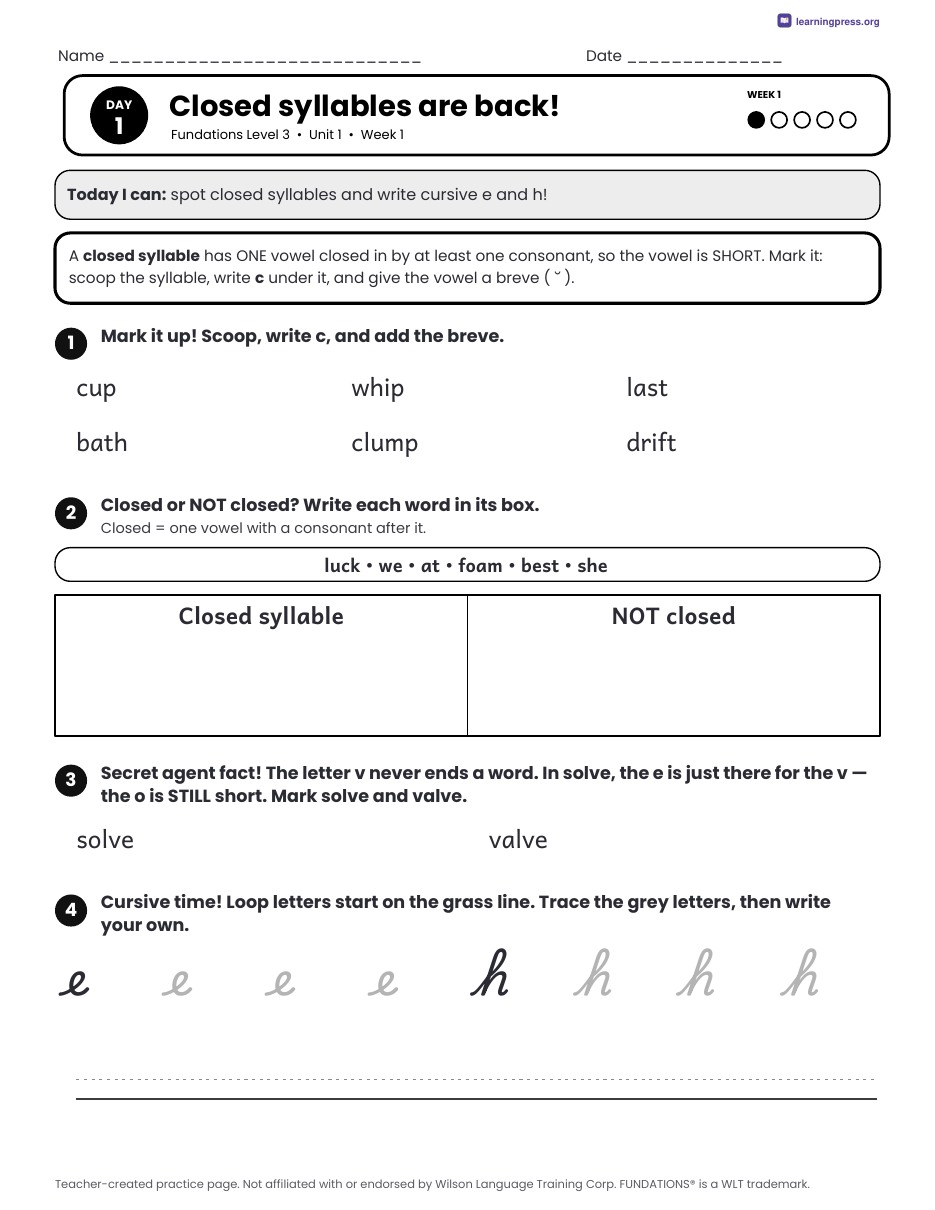 Preview page 1 of Free Fundations Level 3 Unit 1 Daily Lesson Work Pages Sample