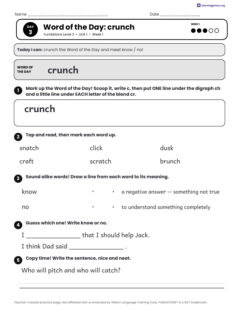 Preview page 3 of Free Fundations Level 3 Unit 1 Daily Lesson Work Pages Sample