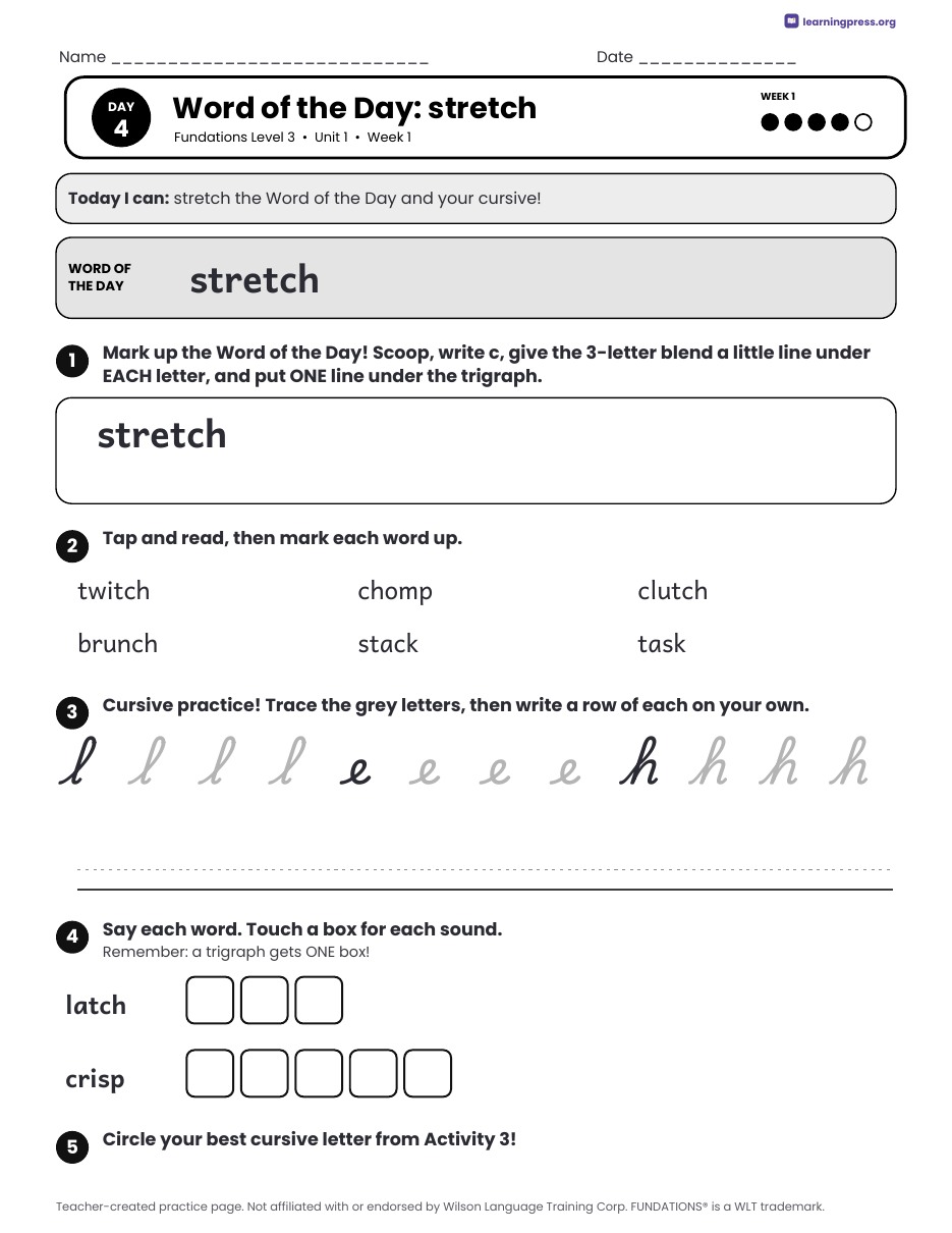 Preview page 4 of Free Fundations Level 3 Unit 1 Daily Lesson Work Pages Sample