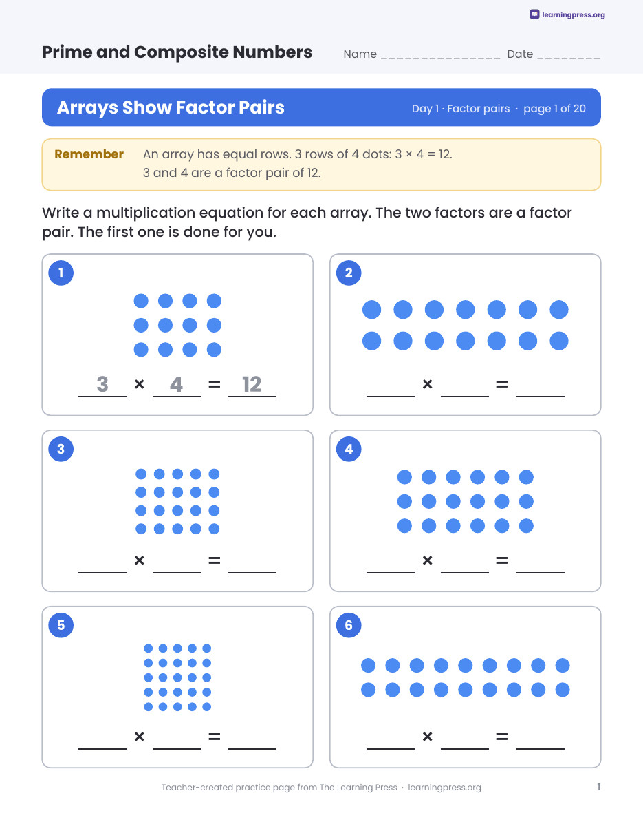 Preview page 1 of Prime and Composite Numbers Worksheets, Slides & Quiz