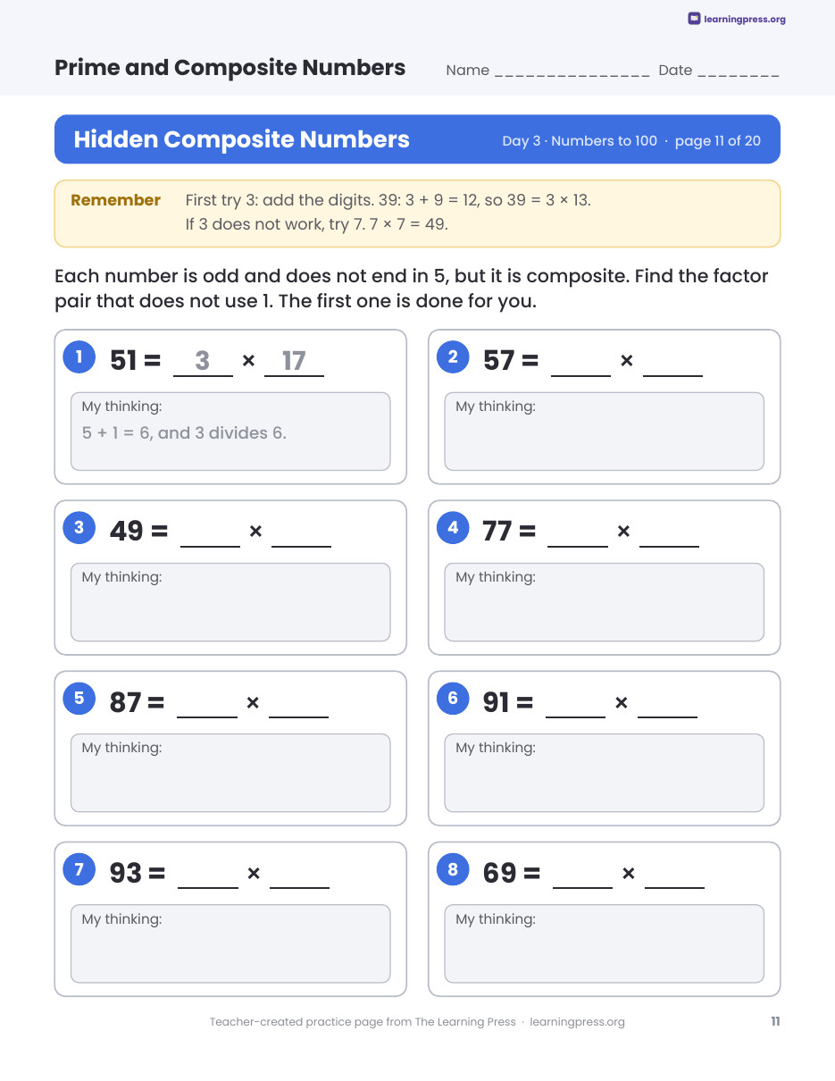 Preview page 3 of Prime and Composite Numbers Worksheets, Slides & Quiz