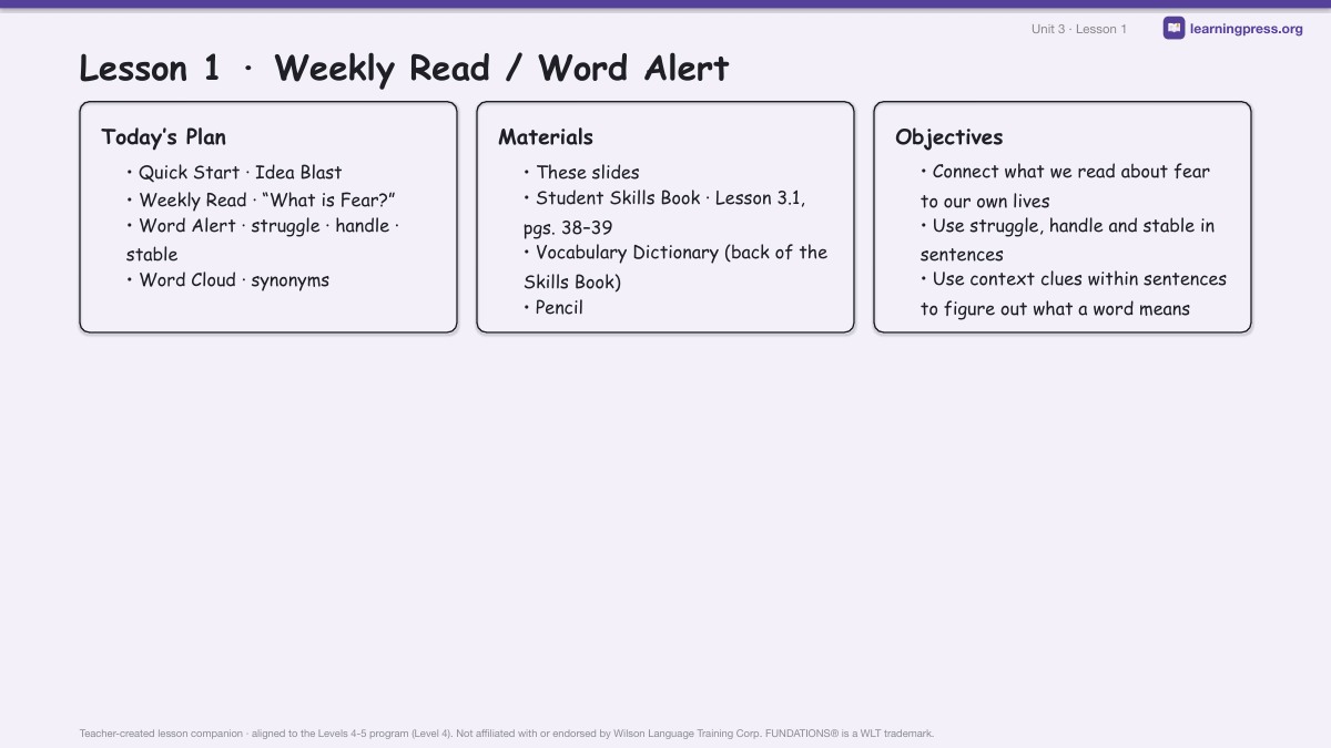 Preview page 1 of Fundations Level 4 Unit 3 Lesson Slides