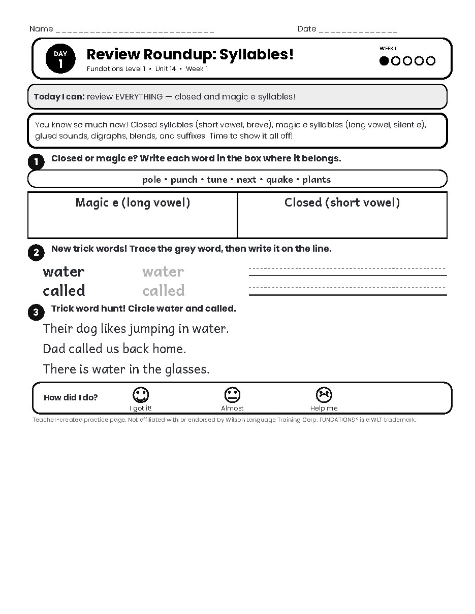 Preview page 2 of Fundations Level 1 Unit 14 Practice Pack