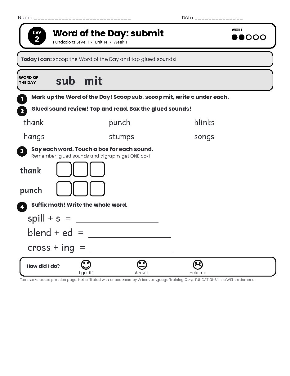 Preview page 3 of Fundations Level 1 Unit 14 Practice Pack
