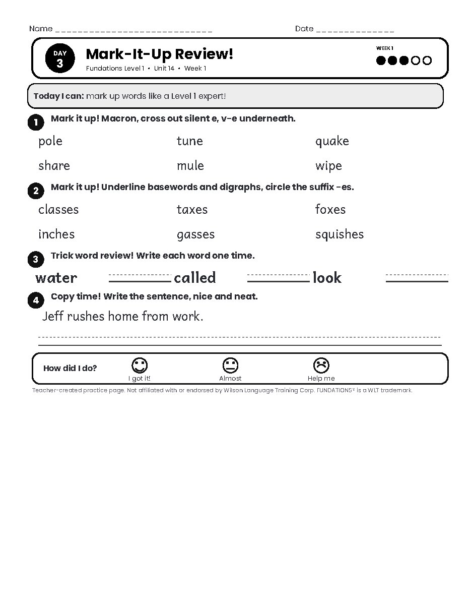 Preview page 4 of Fundations Level 1 Unit 14 Practice Pack