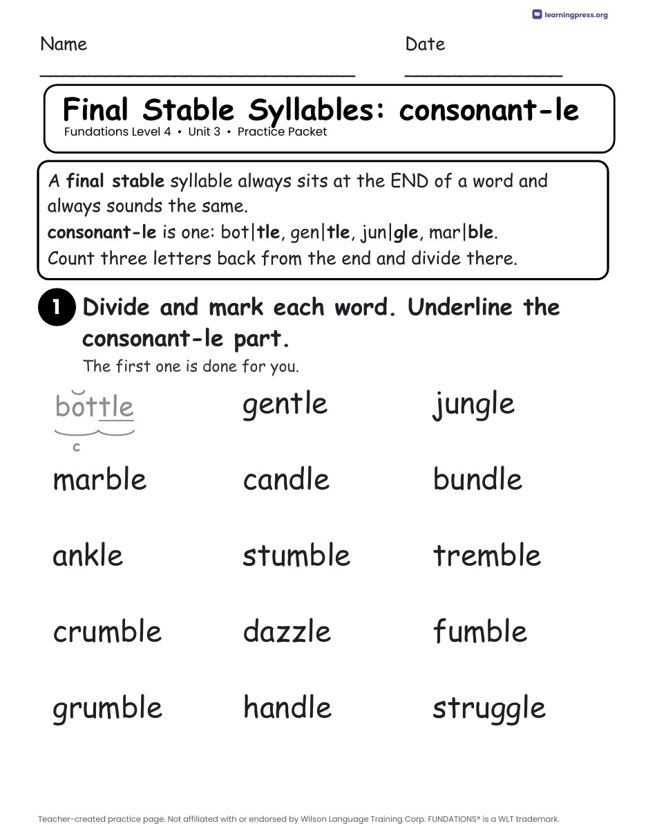 Preview page 1 of Fundations Level 4 Unit 3 Practice Packet