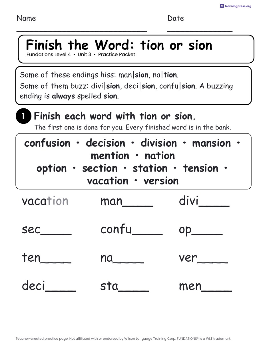 Preview page 2 of Fundations Level 4 Unit 3 Practice Packet