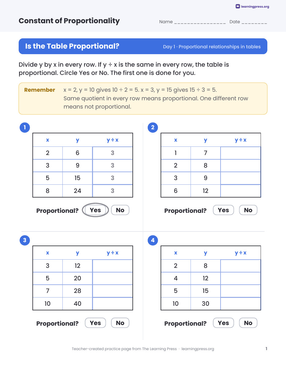 Preview page 1 of Constant of Proportionality Worksheets, Slides & Quiz