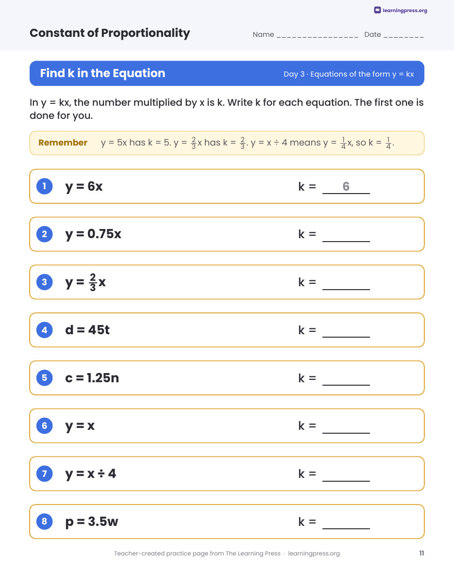 Preview page 3 of Constant of Proportionality Worksheets, Slides & Quiz