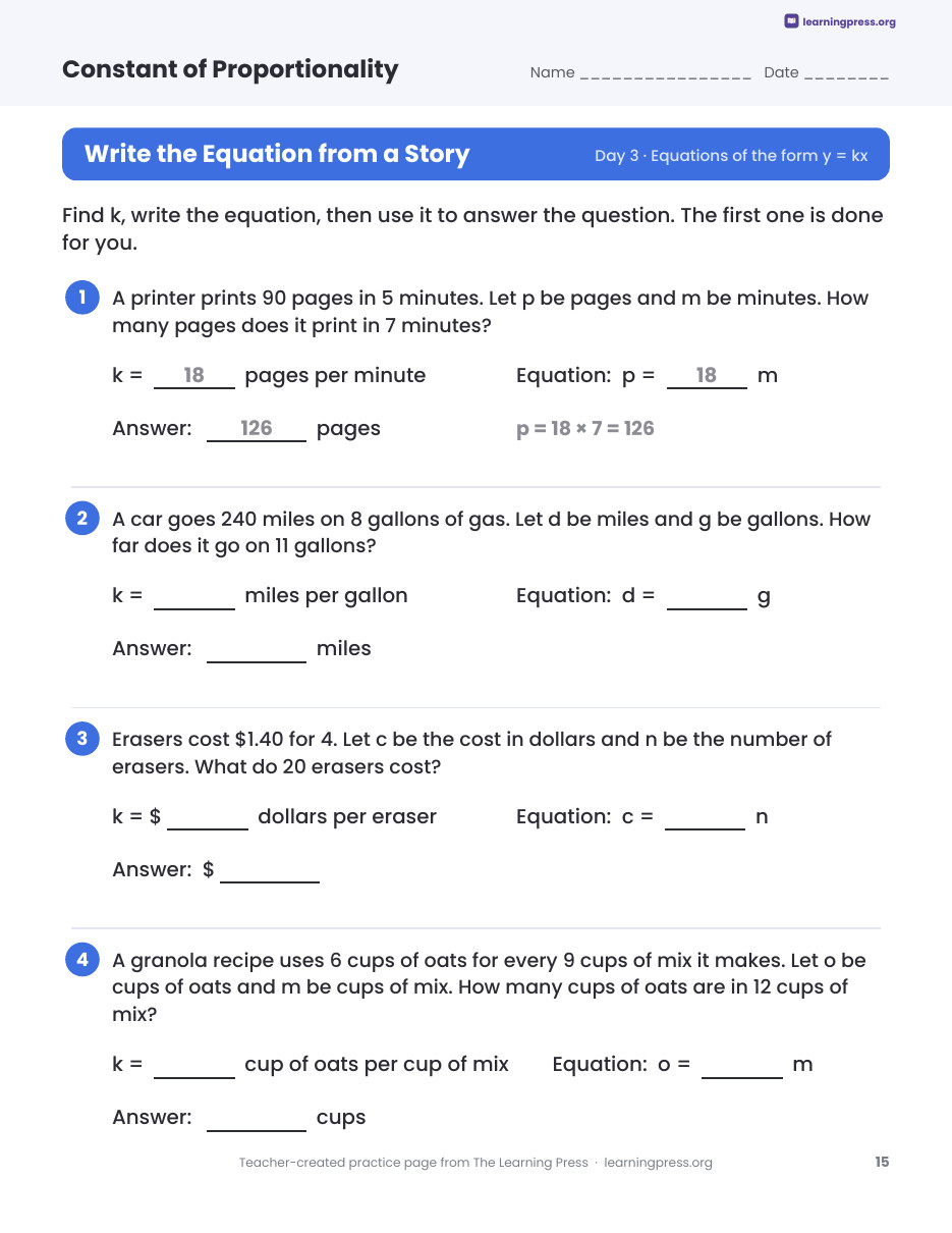 Preview page 4 of Constant of Proportionality Worksheets, Slides & Quiz