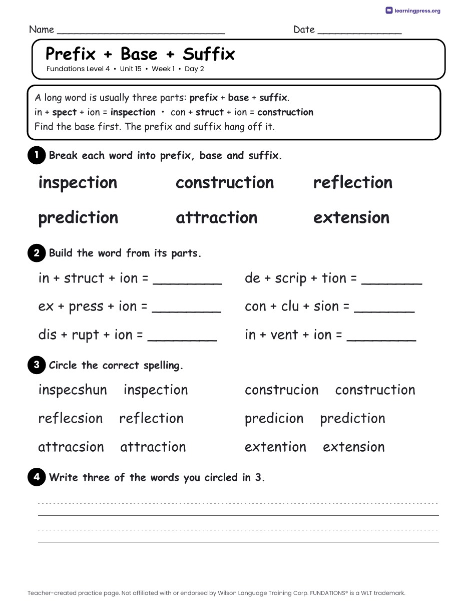 Preview page 1 of Fundations Level 4 Unit 15 Daily Lesson Work Pages