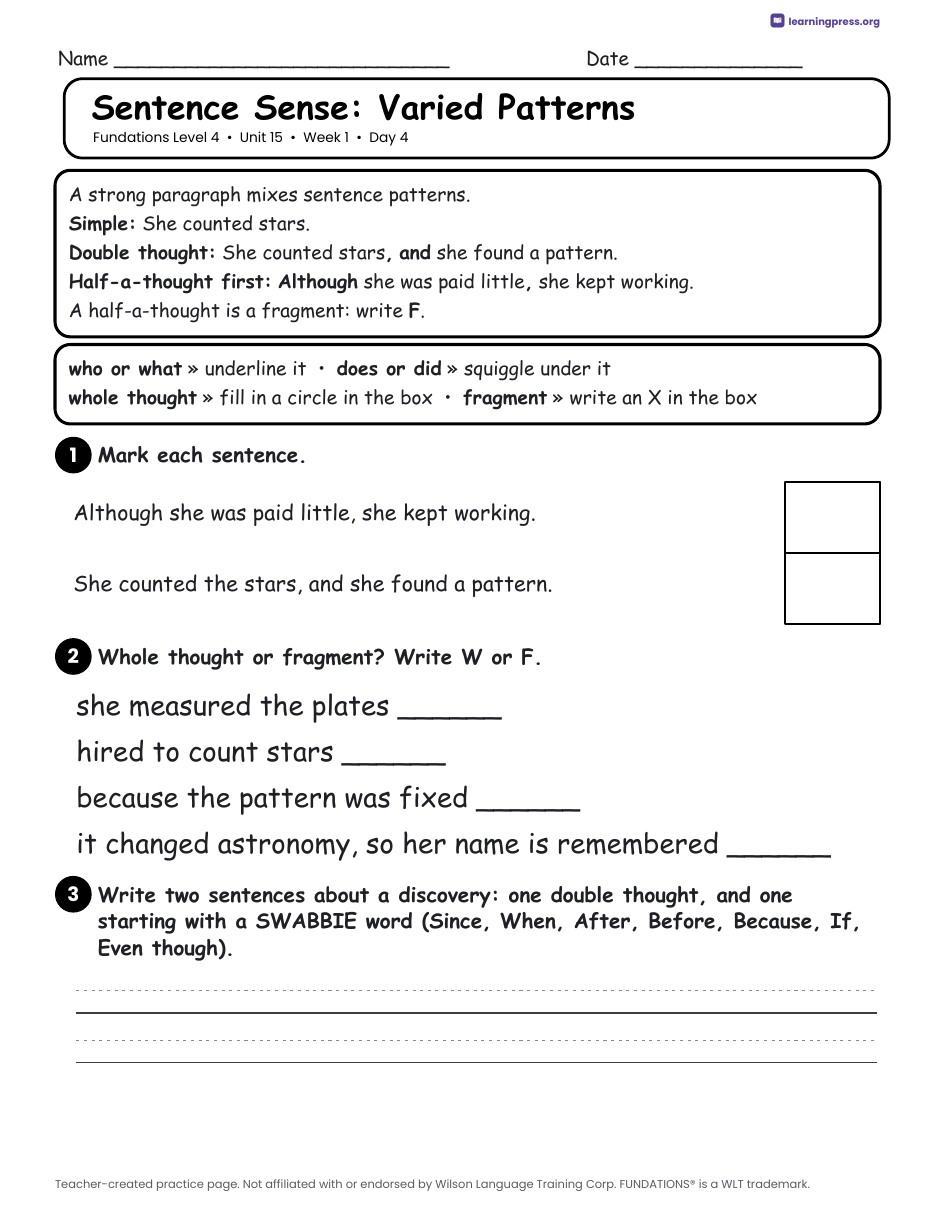 Preview page 2 of Fundations Level 4 Unit 15 Daily Lesson Work Pages