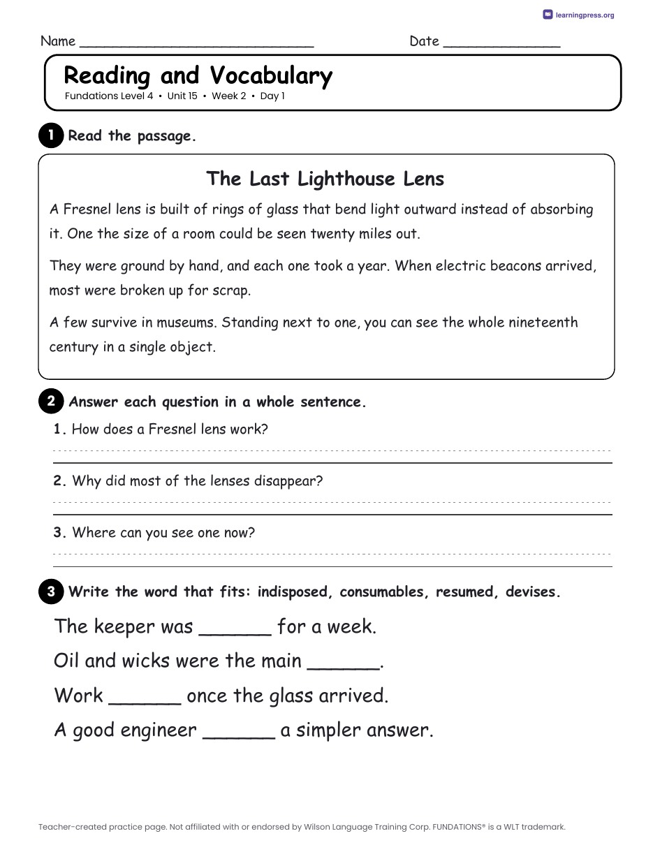 Preview page 3 of Fundations Level 4 Unit 15 Daily Lesson Work Pages