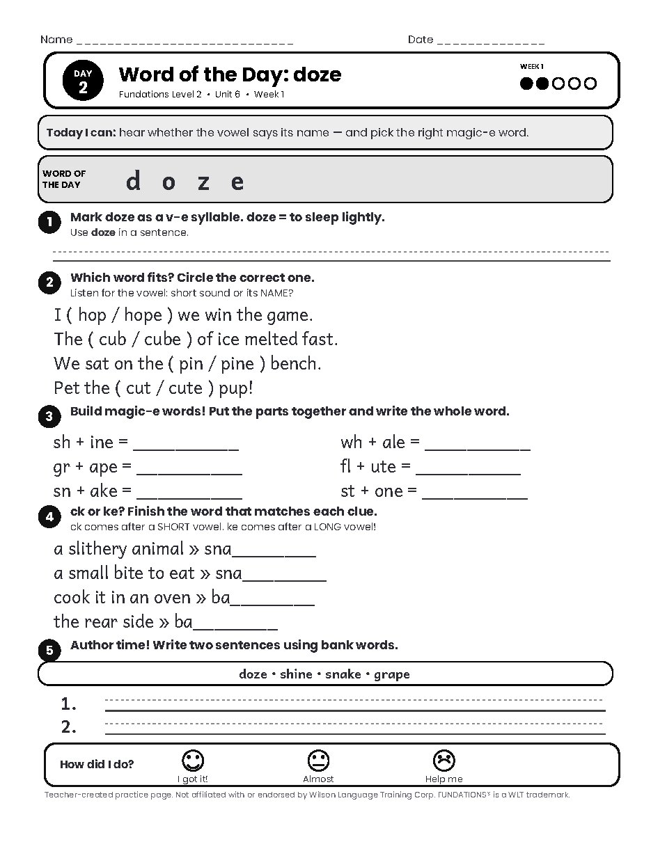 Preview page 3 of Fundations Level 2 Unit 6 Practice Pack