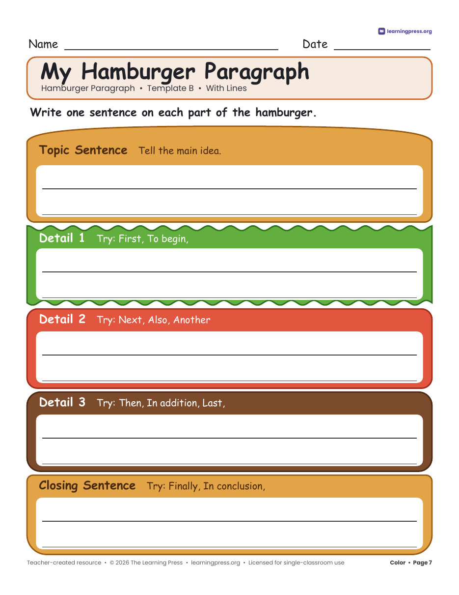 Preview page 3 of Hamburger Paragraph Writing Templates · Paragraph Writing Graphic Organizers