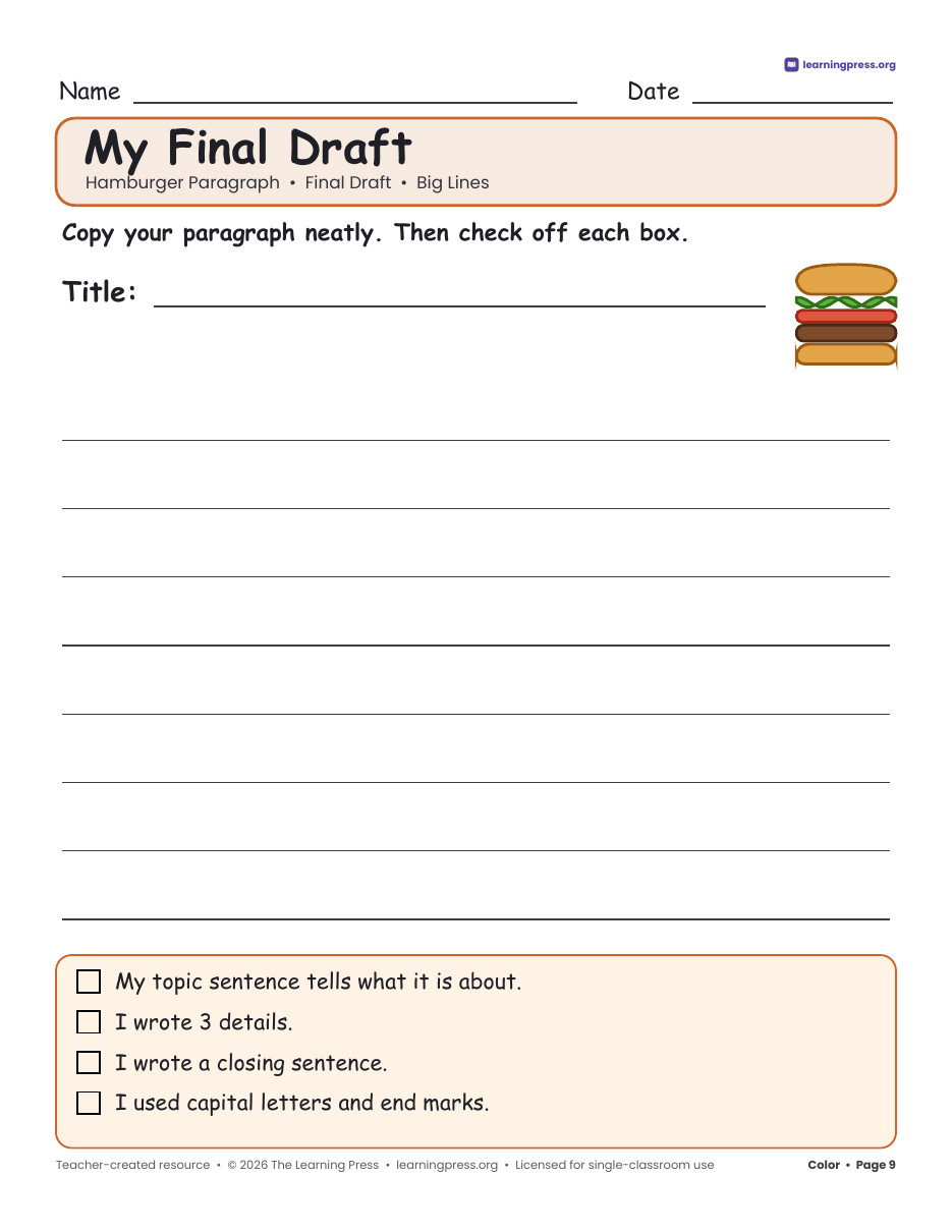Preview page 4 of Hamburger Paragraph Writing Templates · Paragraph Writing Graphic Organizers