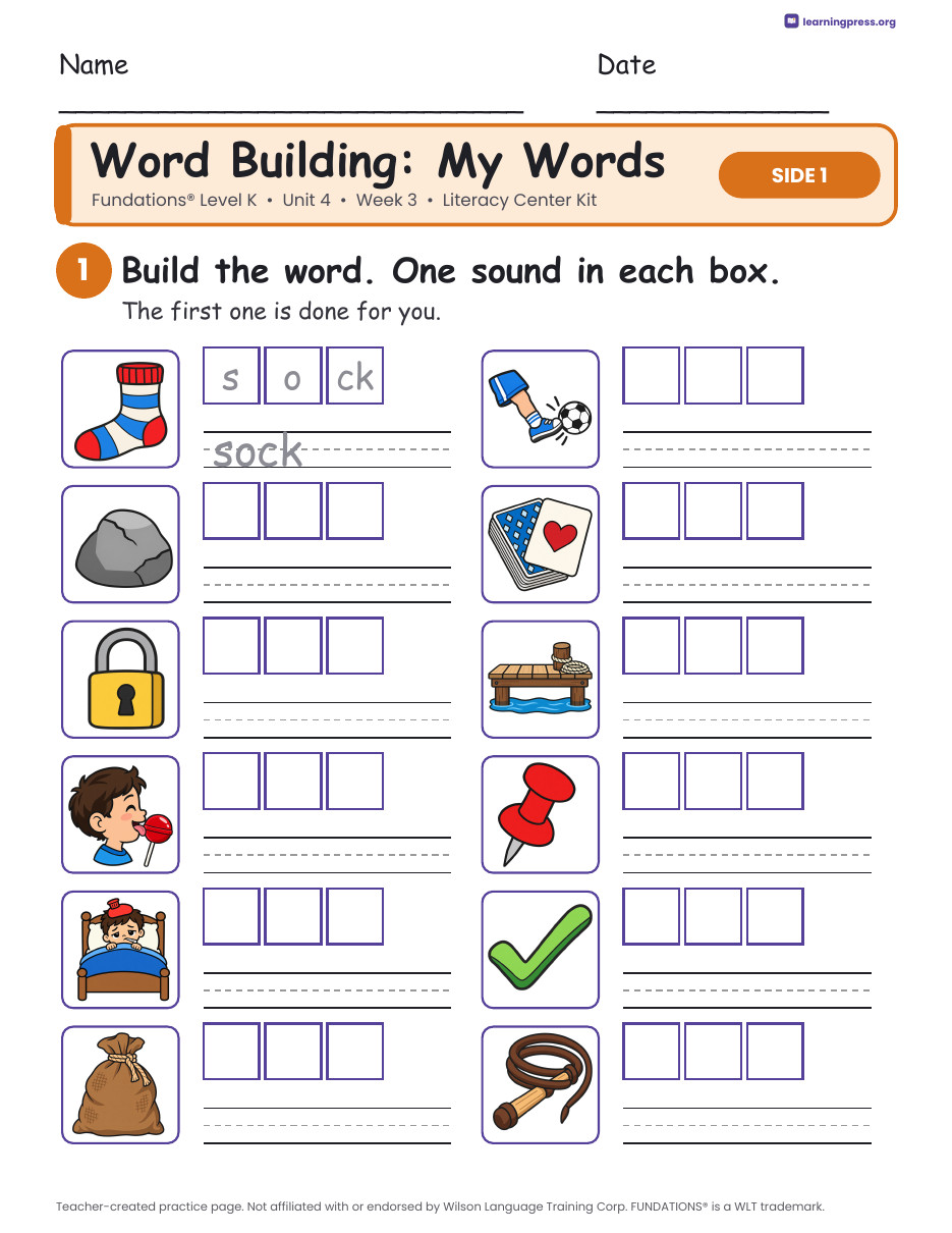 Preview page 2 of Fundations Level K Unit 4 Week 3 Literacy Center Kit