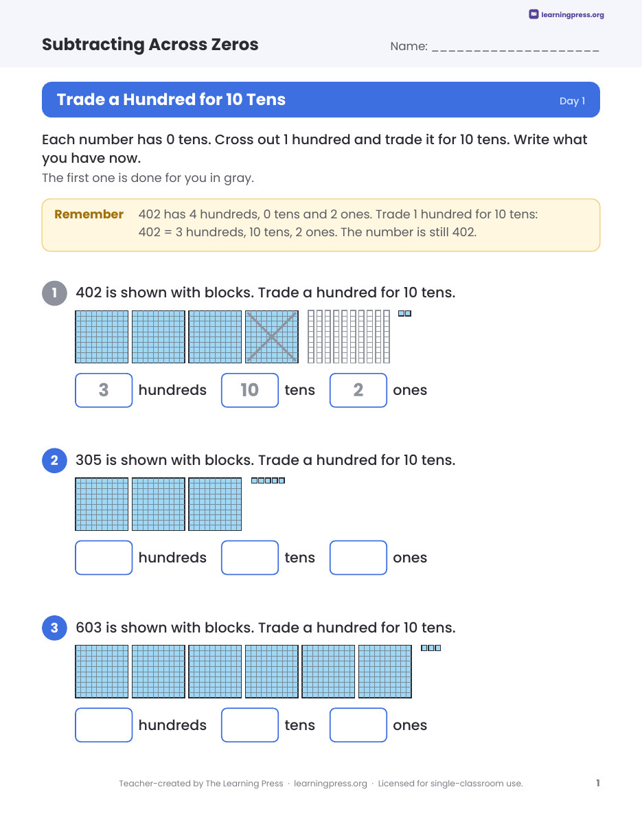 Preview page 1 of Subtracting Across Zeros Worksheets, Slides & Quiz