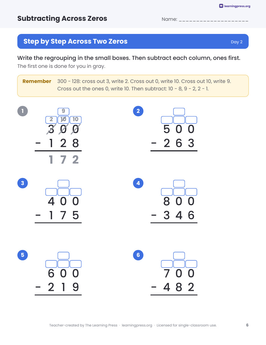 Preview page 2 of Subtracting Across Zeros Worksheets, Slides & Quiz