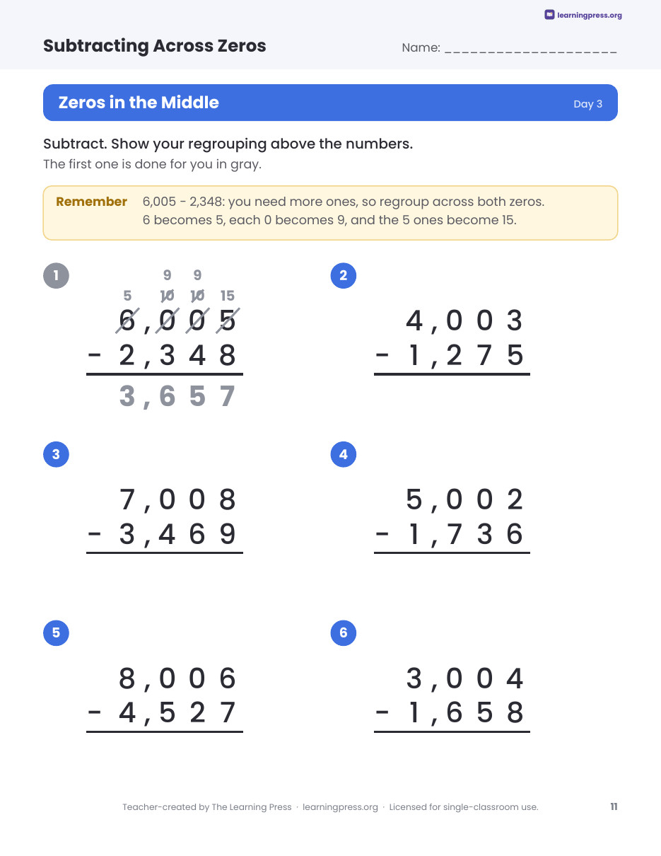 Preview page 3 of Subtracting Across Zeros Worksheets, Slides & Quiz