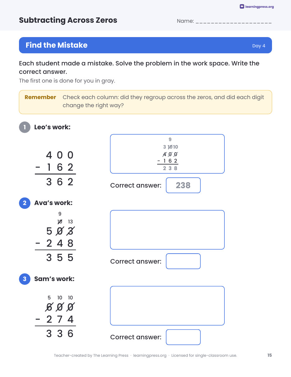 Preview page 4 of Subtracting Across Zeros Worksheets, Slides & Quiz
