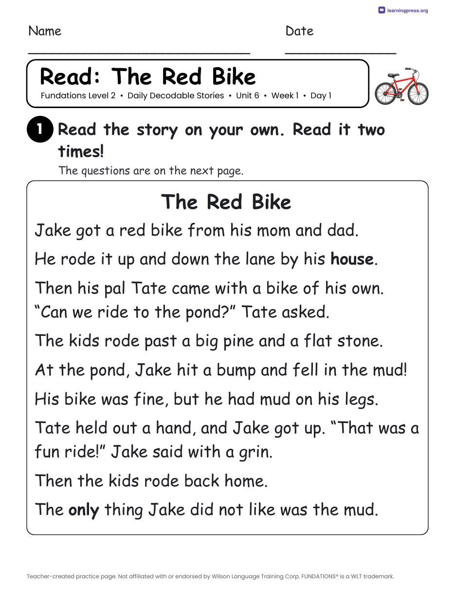 Preview page 1 of Fundations Level 2 Unit 6 Daily Decodable Stories