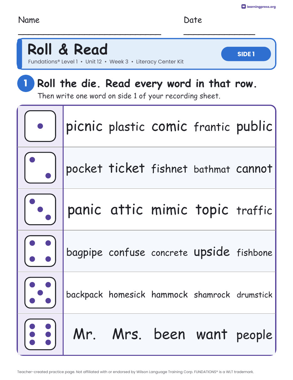 Preview page 1 of Fundations Level 1 Unit 12 Week 3 Literacy Center Kit