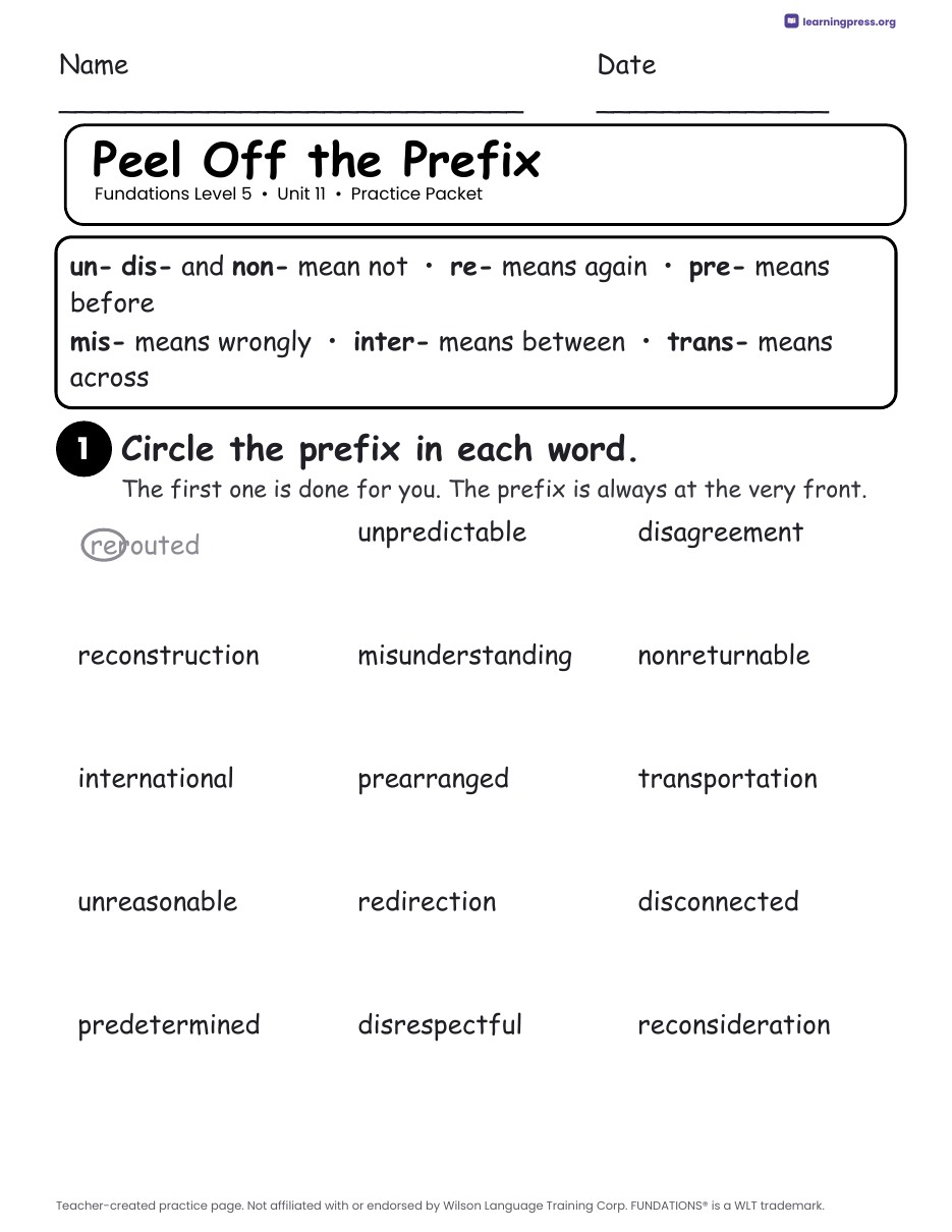 Preview page 1 of Fundations Level 5 Unit 11 Practice Packet