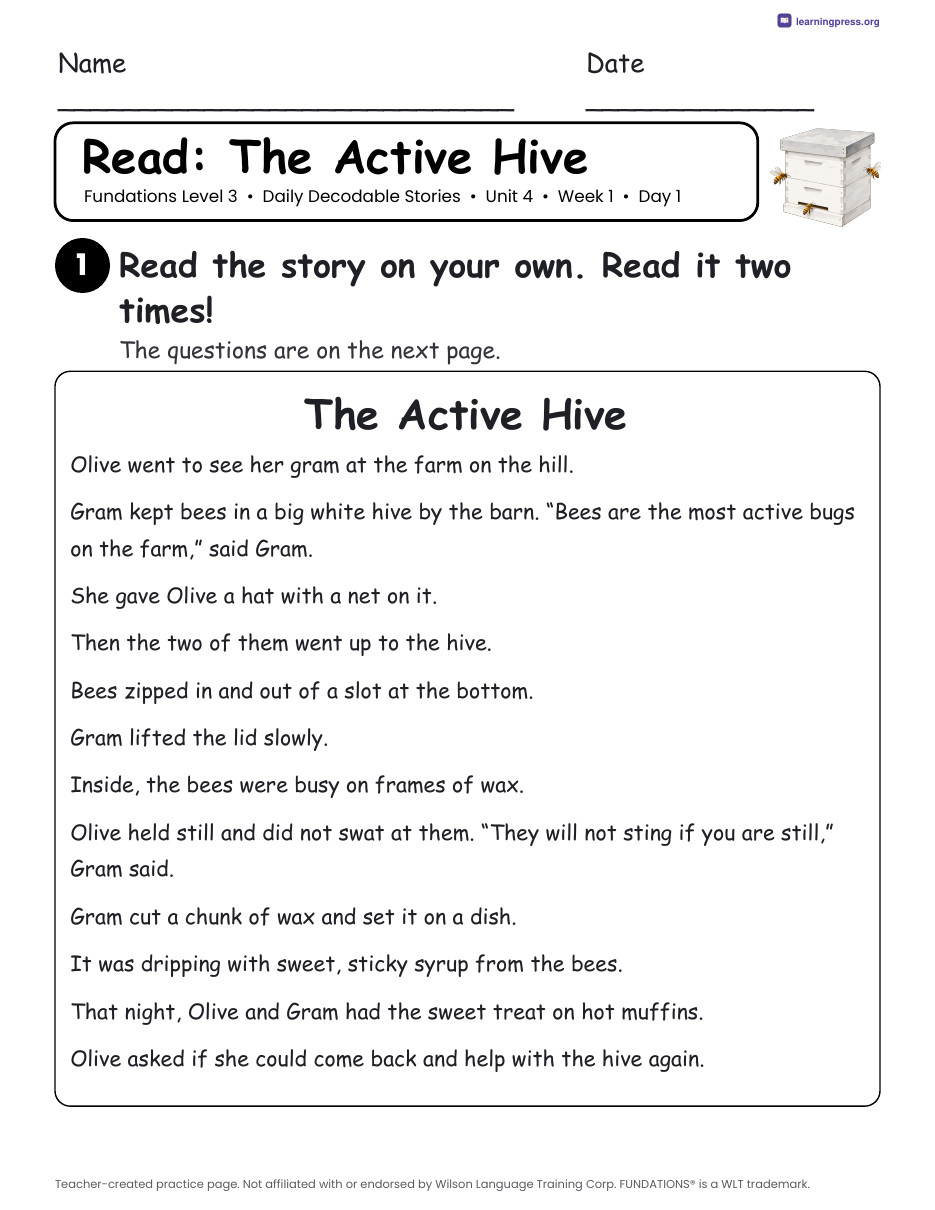 Preview page 1 of Fundations Level 3 Unit 4 Daily Decodable Stories