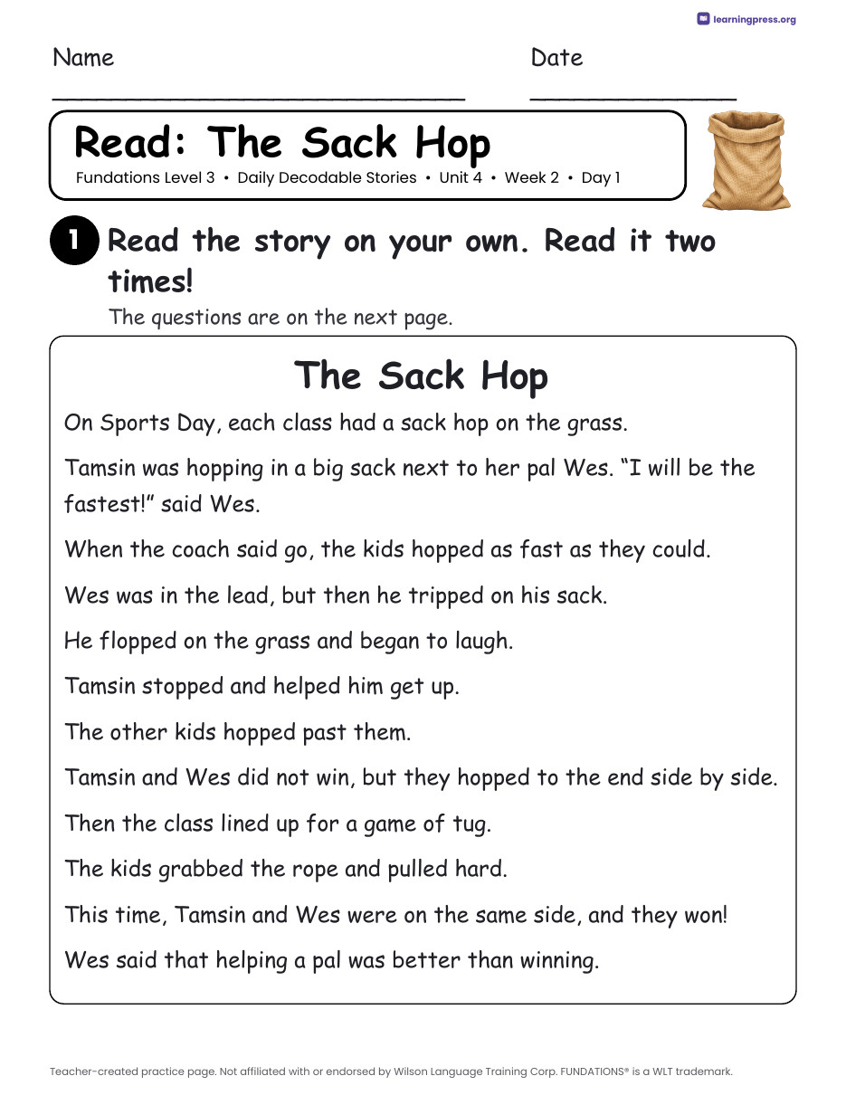 Preview page 3 of Fundations Level 3 Unit 4 Daily Decodable Stories