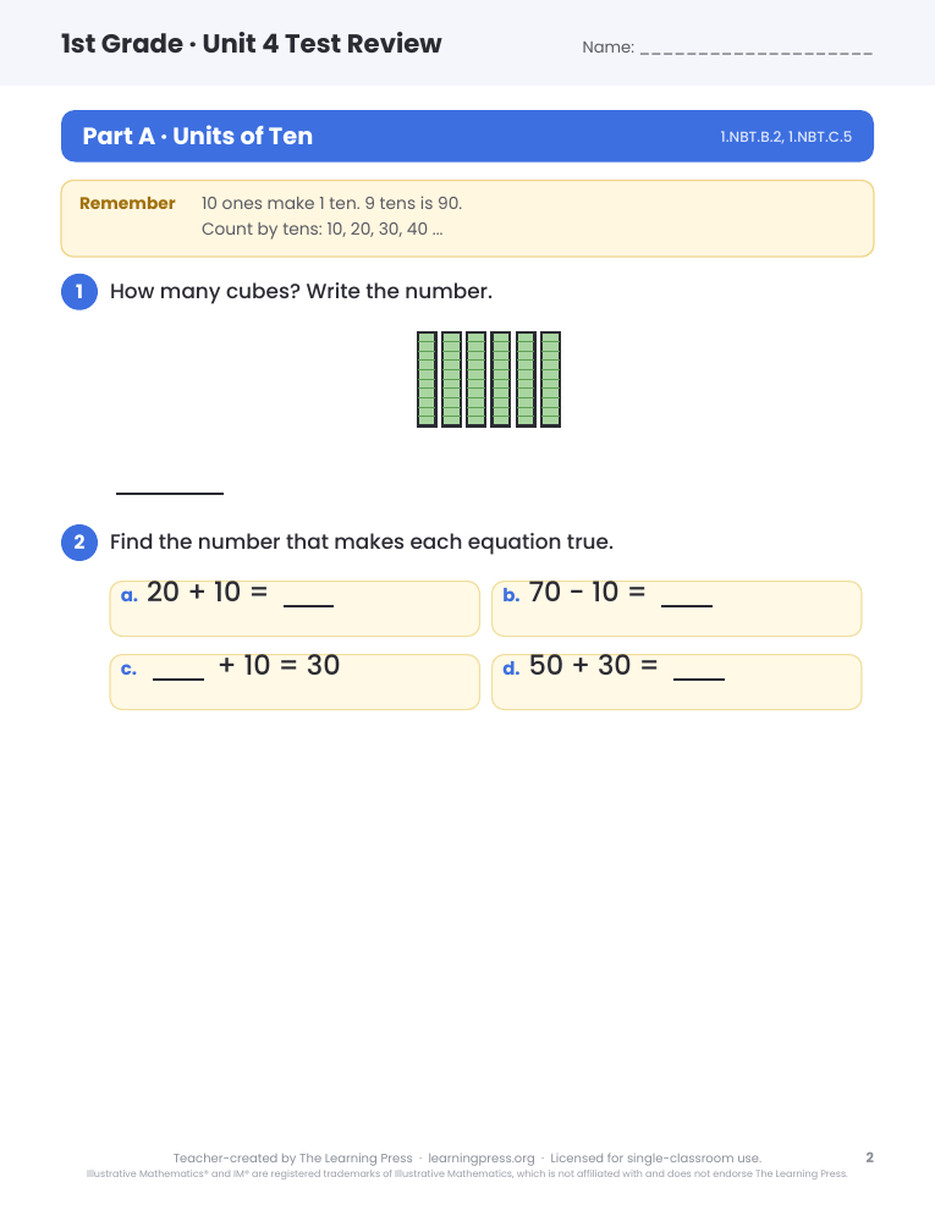 Preview page 1 of Illustrative Math (IM®) Aligned 1st Grade Unit 4 Test Review