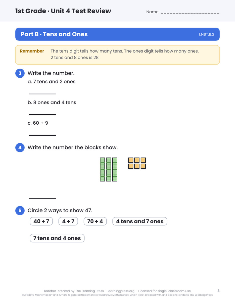 Preview page 2 of Illustrative Math (IM®) Aligned 1st Grade Unit 4 Test Review