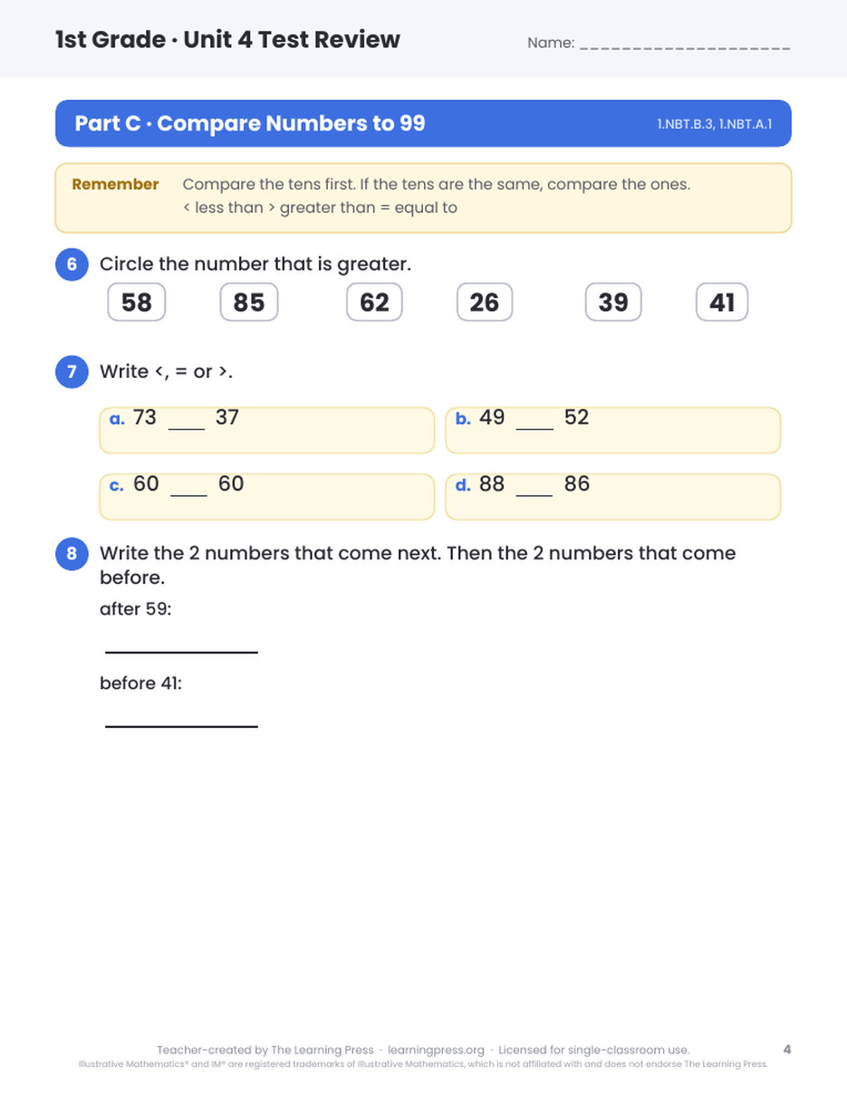 Preview page 3 of Illustrative Math (IM®) Aligned 1st Grade Unit 4 Test Review